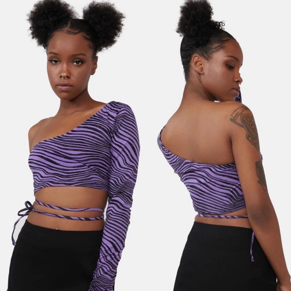 NWT Motel L Desert Terrain Purple Black Shanin Crop Top Asymmetrical One Sleeve
